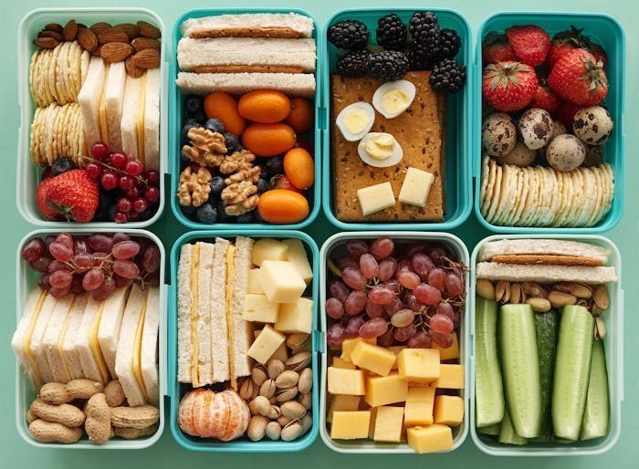 A top view of assorted snacks in teal containers on a green background.